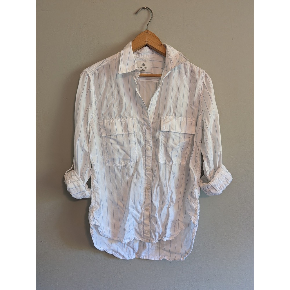 Babaton White Blue Pinstripe Tencel Lyocell Button‎ Down Shirt XS Flap Pocket